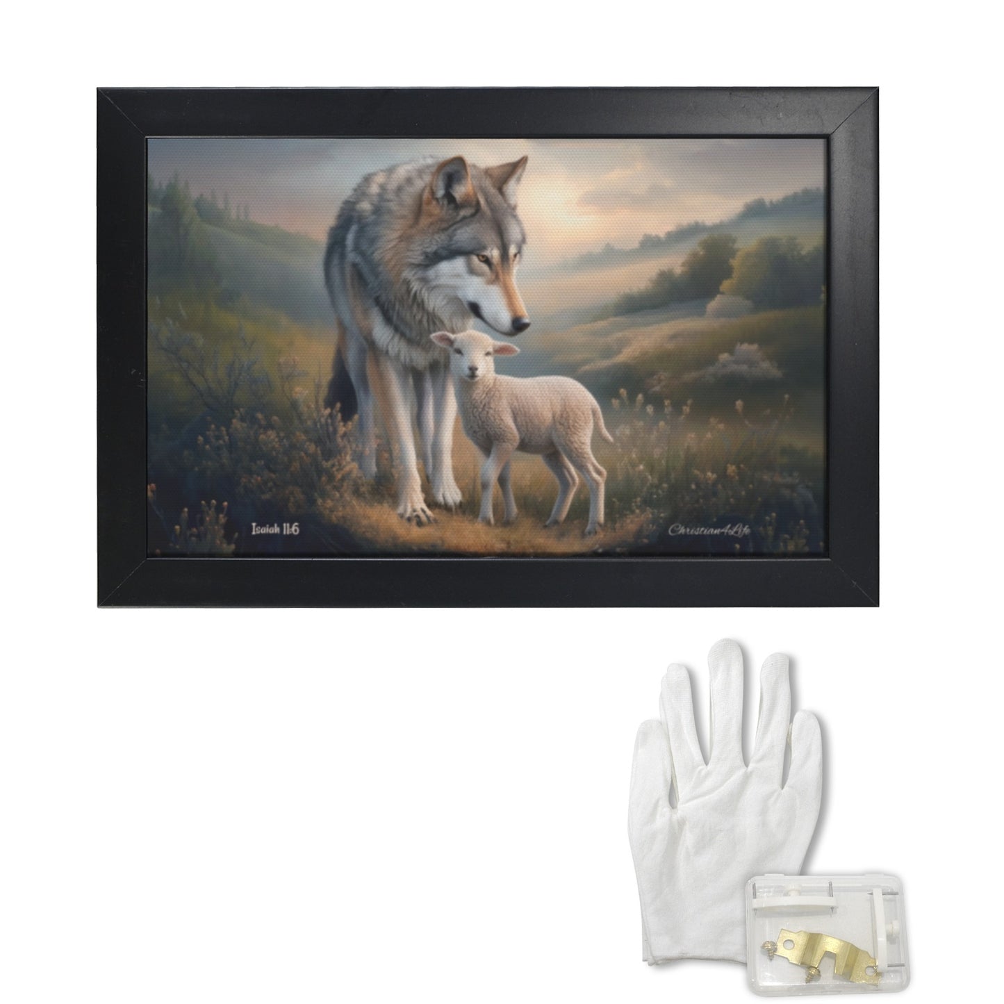 Framed- Wolf and Lamb, Christian Wall Art, Black Framed Canvas Print, Isaiah 11:6