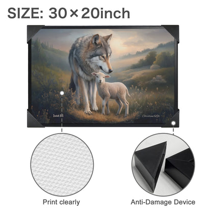 Framed- Wolf and Lamb, Christian Wall Art, Black Framed Canvas Print, Isaiah 11:6