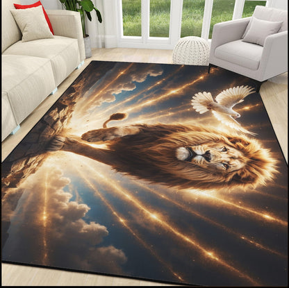 Lion of Judah and the Holy Spirit -Golden Rays and Clouds Area Rug with Black Binding (84"x60")