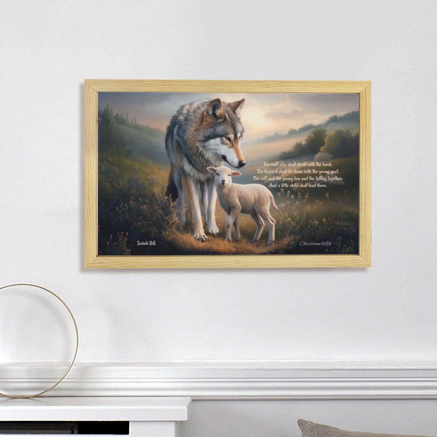Wolf and Lamb with Isaiah 11:6 Quote, Christian Canvas, Wooden Frame