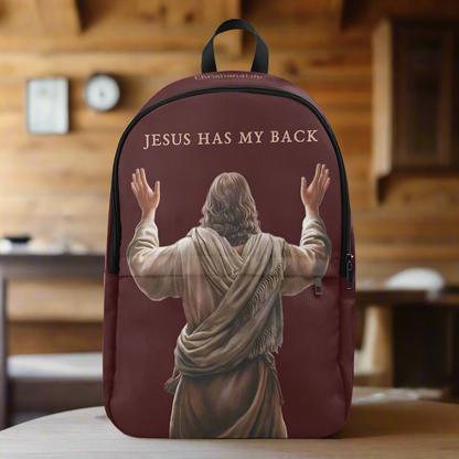 "Jesus Has My Back" Graphic design Christian Backpack (Choose Brown Shade)