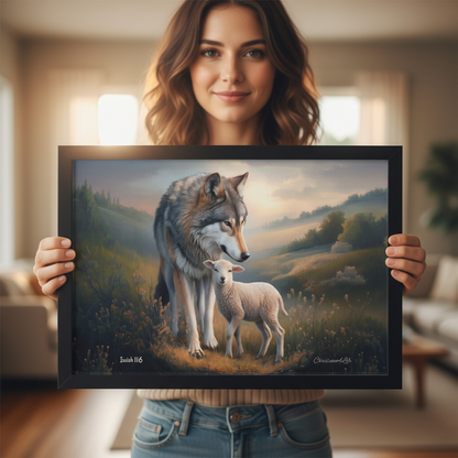 Framed- Wolf and Lamb, Christian Wall Art, Black Framed Canvas Print, Isaiah 11:6