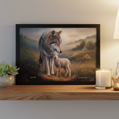 Framed- Wolf and Lamb, Christian Wall Art, Black Framed Canvas Print, Isaiah 11:6