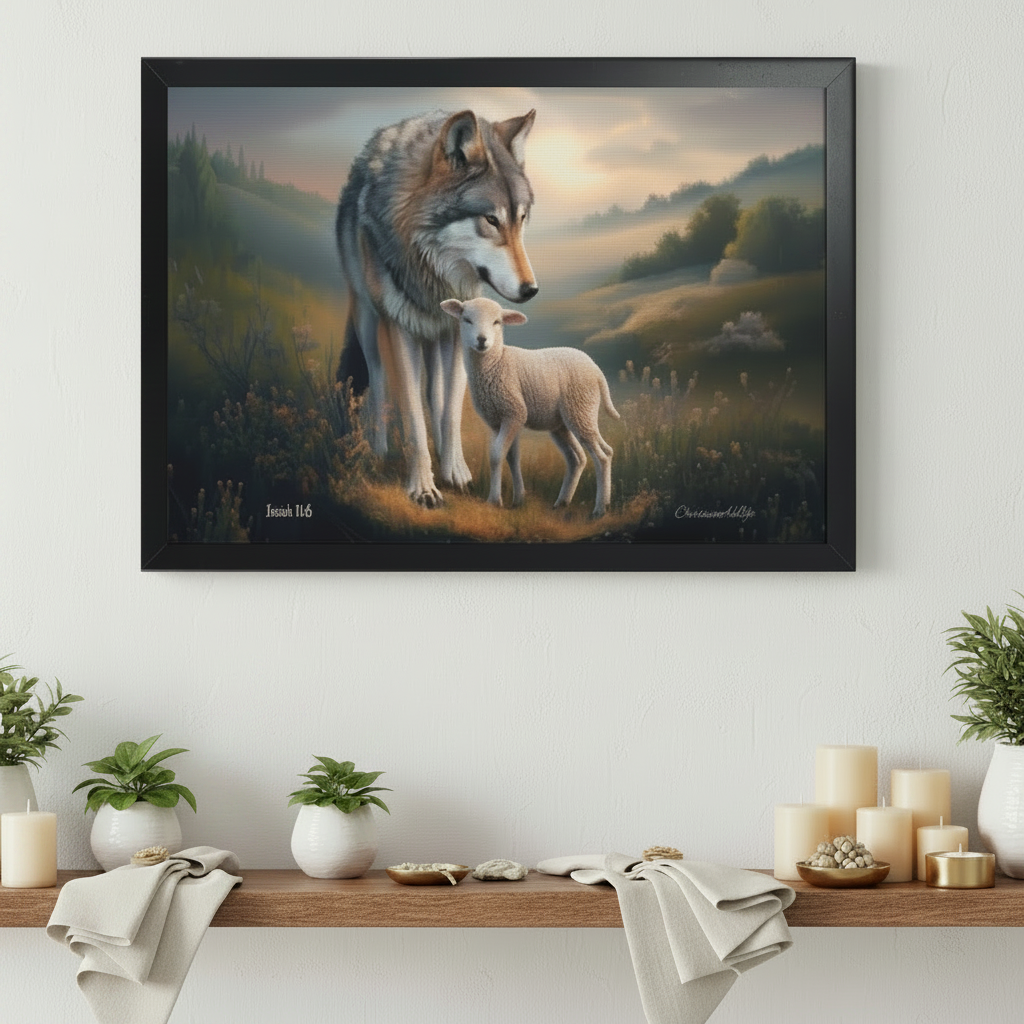 Framed- Wolf and Lamb, Christian Wall Art, Black Framed Canvas Print, Isaiah 11:6