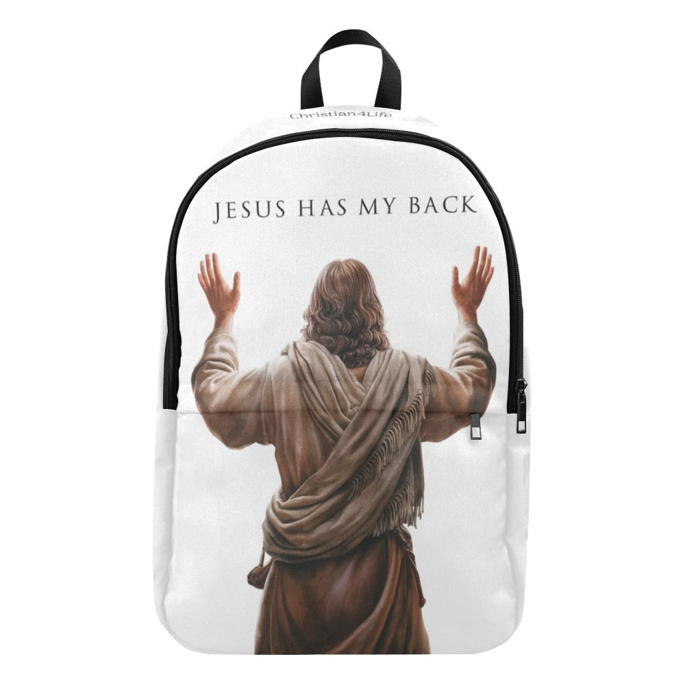 Backpack with a graphic of Jesus with outstretched arms and 'Jesus Has My Back' text on a white background.
