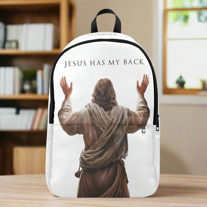 "Jesus Has My Back" Graphic design Christian Backpack (white)