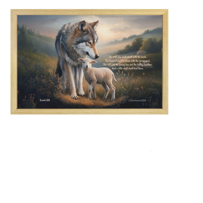 Wolf and Lamb with Isaiah 11:6 Quote, Christian Canvas, Wooden Frame