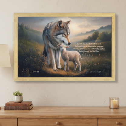 Wolf and Lamb with Isaiah 11:6 Quote, Christian Canvas, Wooden Frame