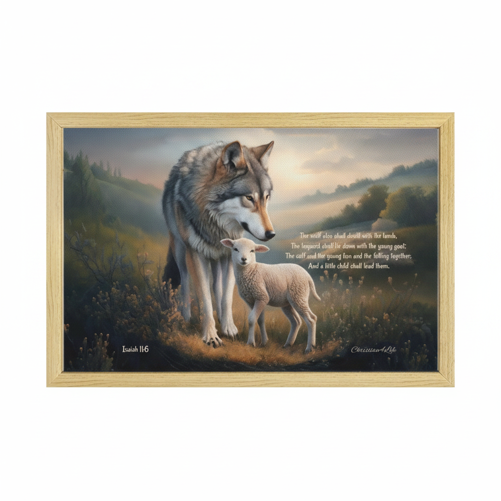 Wolf and Lamb with Isaiah 11:6 Quote, Christian Canvas, Wooden Frame