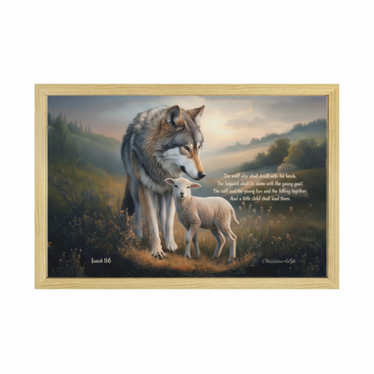 Wolf and Lamb with Isaiah 11:6 Quote, Christian Canvas, Wooden Frame