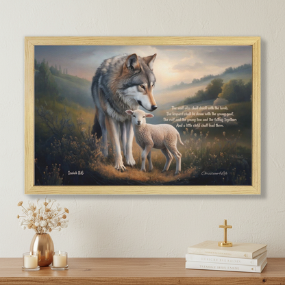 Wolf and Lamb with Isaiah 11:6 Quote, Christian Canvas, Wooden Frame