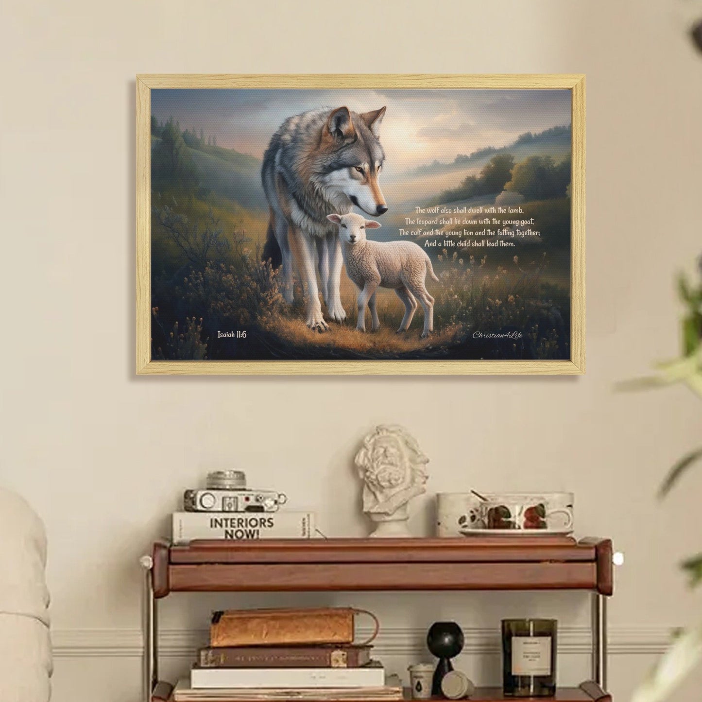 Wolf and Lamb with Isaiah 11:6 Quote, Christian Canvas, Wooden Frame
