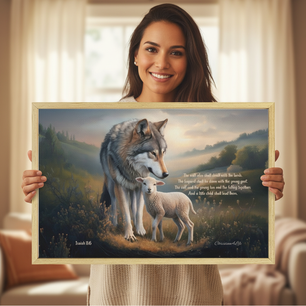 Wolf and Lamb with Isaiah 11:6 Quote, Christian Canvas, Wooden Frame