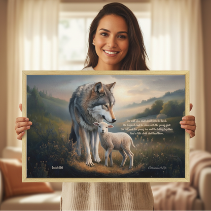 Wolf and Lamb with Isaiah 11:6 Quote, Christian Canvas, Wooden Frame