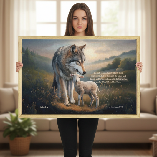 Wolf and Lamb with Isaiah 11:6 Quote, Christian Canvas, Wooden Frame