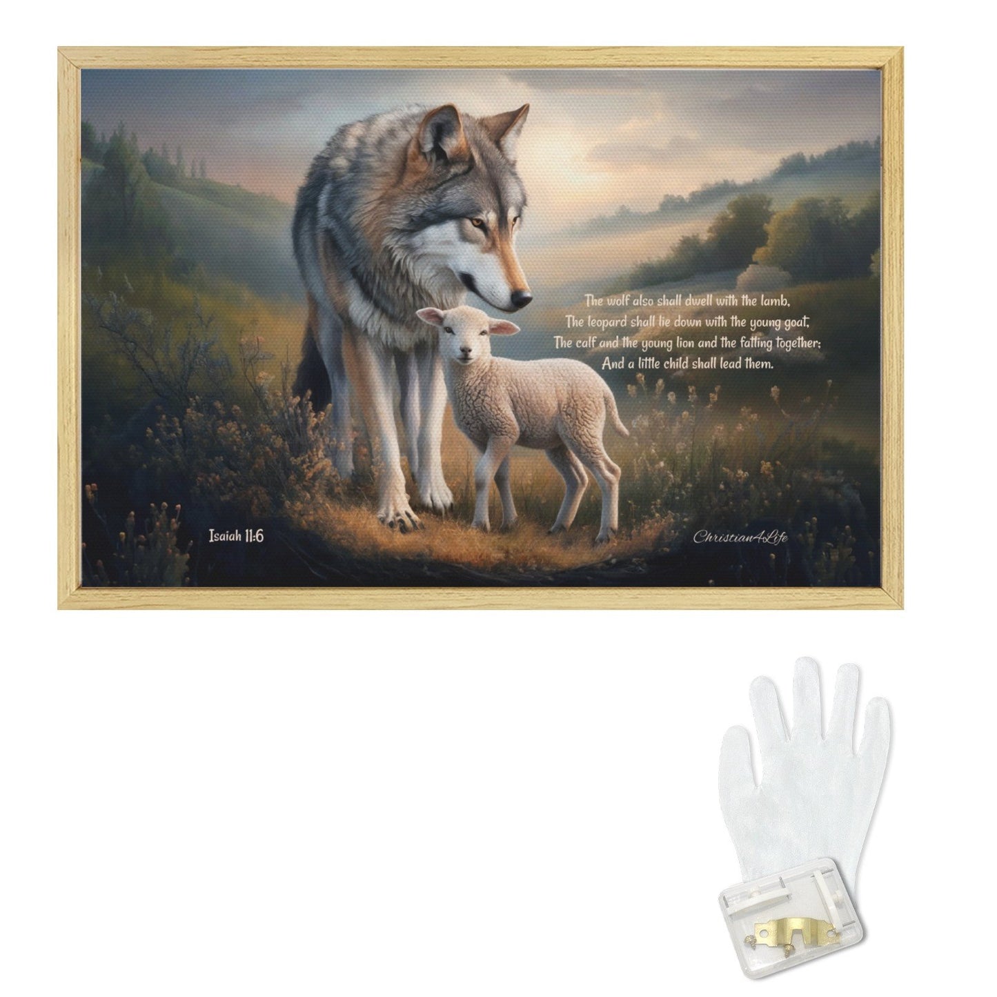 Wolf and Lamb with Isaiah 11:6 Quote, Christian Canvas, Wooden Frame