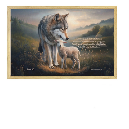 Wolf and Lamb with Isaiah 11:6 Quote, Christian Canvas, Wooden Frame