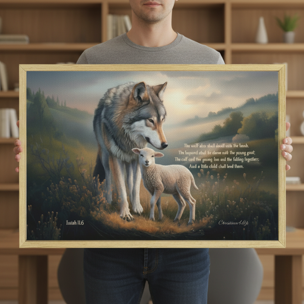 Wolf and Lamb with Isaiah 11:6 Quote, Christian Canvas, Wooden Frame