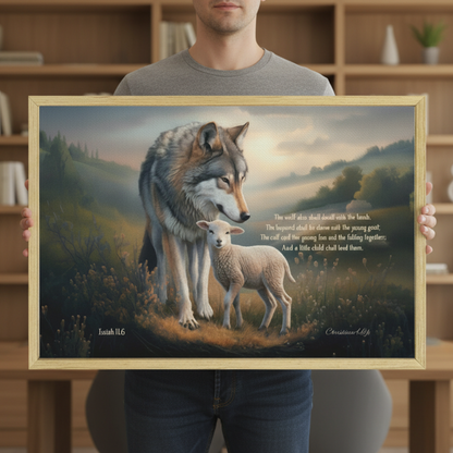 Wolf and Lamb with Isaiah 11:6 Quote, Christian Canvas, Wooden Frame