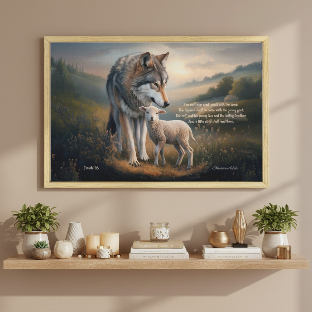 Wolf and Lamb with Isaiah 11:6 Quote, Christian Canvas, Wooden Frame