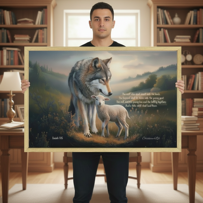 Wolf and Lamb with Isaiah 11:6 Quote, Christian Canvas, Wooden Frame