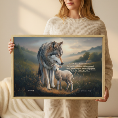 Wolf and Lamb with Isaiah 11:6 Quote, Christian Canvas, Wooden Frame