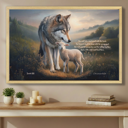 Wolf and Lamb with Isaiah 11:6 Quote, Christian Canvas, Wooden Frame