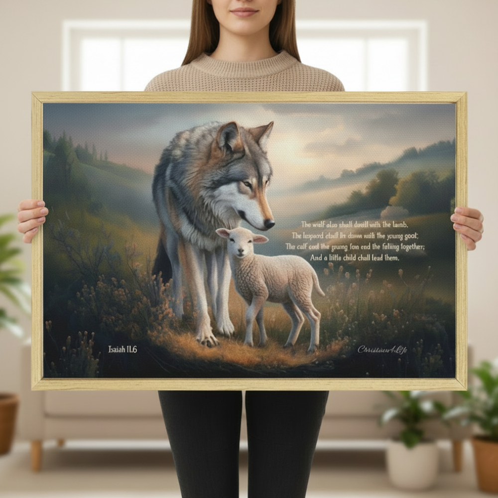 Wolf and Lamb with Isaiah 11:6 Quote, Christian Canvas, Wooden Frame