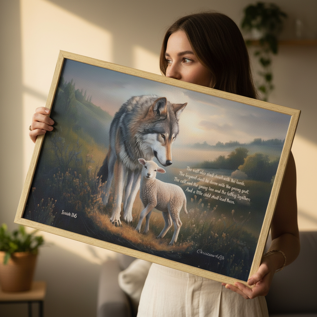 Wolf and Lamb with Isaiah 11:6 Quote, Christian Canvas, Wooden Frame