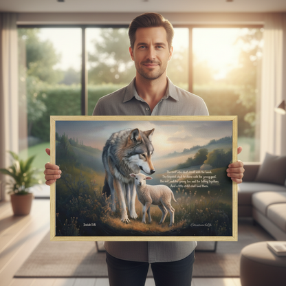 Wolf and Lamb with Isaiah 11:6 Quote, Christian Canvas, Wooden Frame