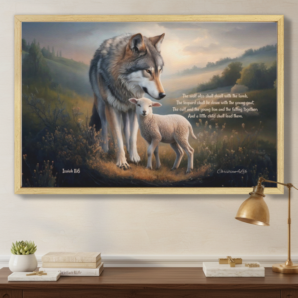 Wolf and Lamb with Isaiah 11:6 Quote, Christian Canvas, Wooden Frame