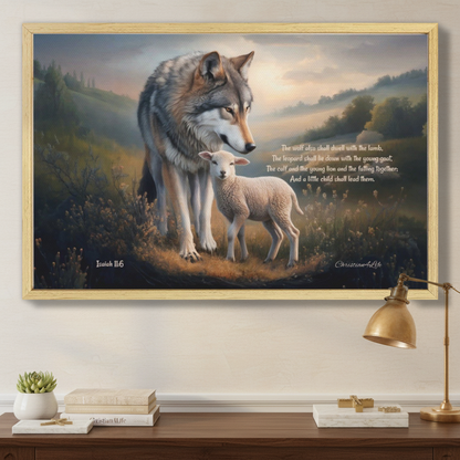 Wolf and Lamb with Isaiah 11:6 Quote, Christian Canvas, Wooden Frame