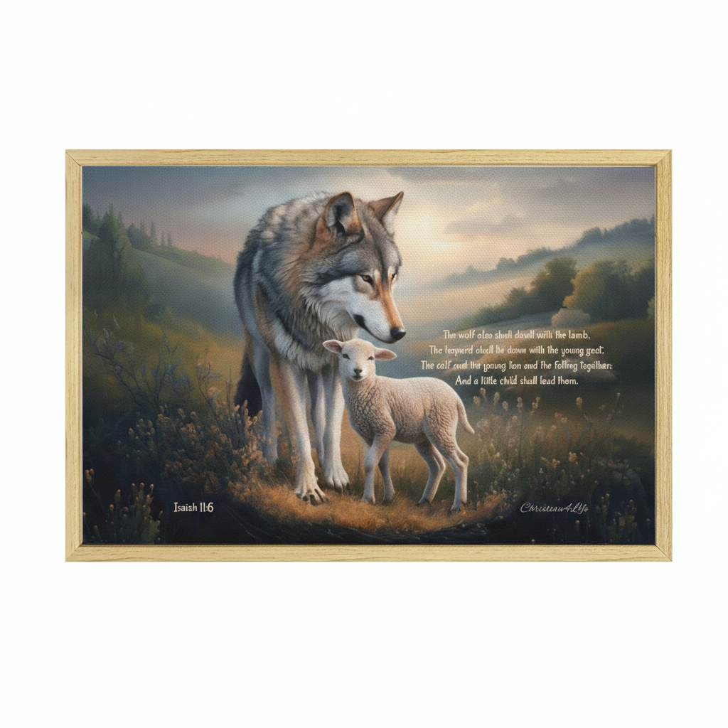 Wolf and Lamb with Isaiah 11:6 Quote, Christian Canvas, Wooden Frame