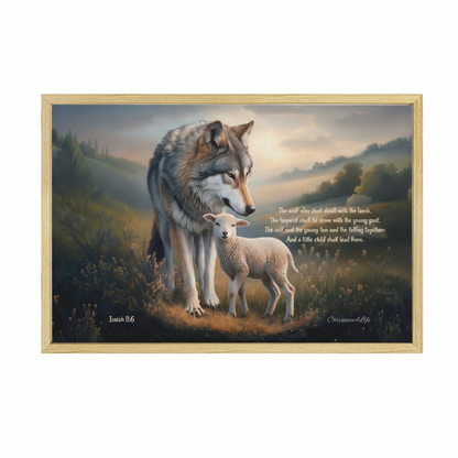 Wolf and Lamb with Isaiah 11:6 Quote, Christian Canvas, Wooden Frame