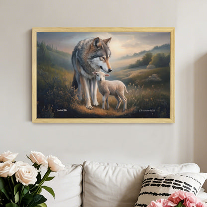 Framed - Wolf and Lamb Christian Canvas, Wooden Frame