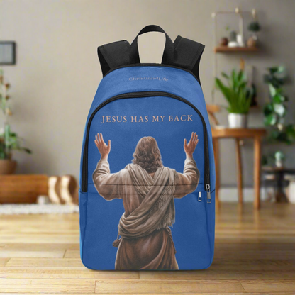 "Jesus Has My Back" design Christian Backpack (Choose Blue Shade)