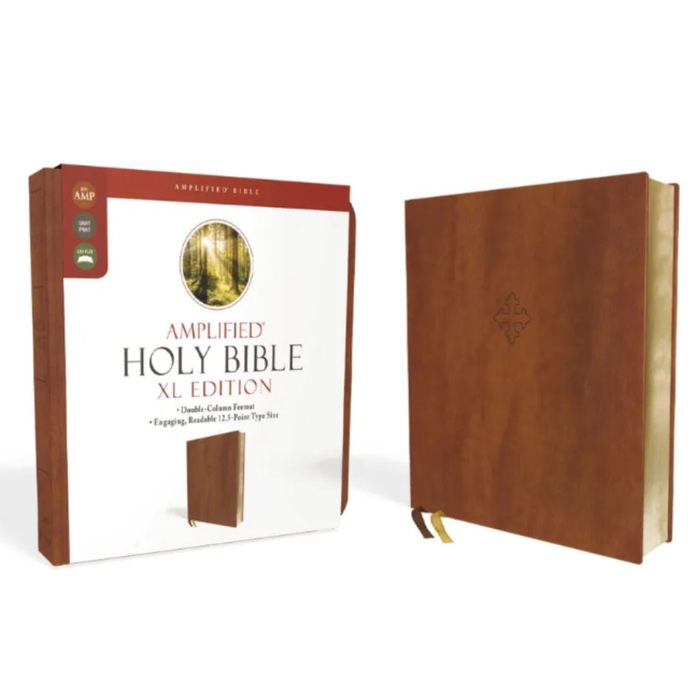 Amplified Holy Bible XL Edition with brown leather cover and white packaging on a white background