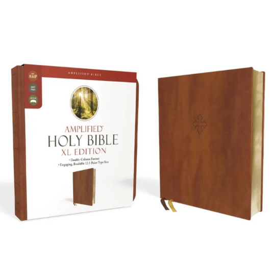 Amplified Holy Bible XL Edition with brown leather cover and white packaging on a white background