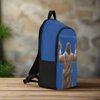 "Jesus Has My Back" Christian Backpack-Black Side Accent (Choose Green or Blue shades)