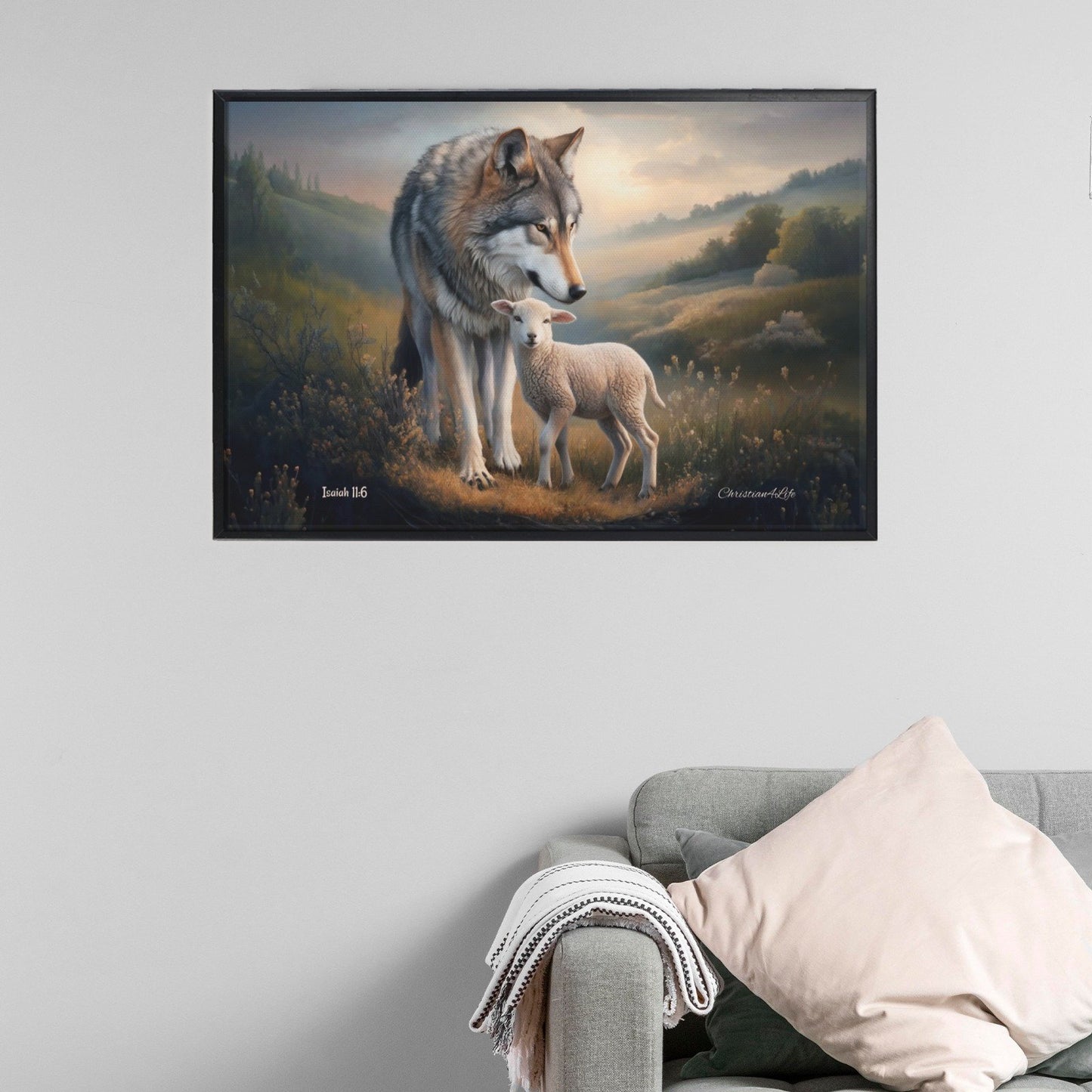 Framed- Wolf and Lamb, Christian Wall Art, Black Framed Canvas Print, Isaiah 11:6