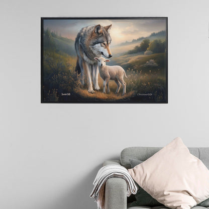 Framed- Wolf and Lamb, Christian Wall Art, Black Framed Canvas Print, Isaiah 11:6