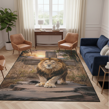 Lion of Judah, rock and cross Area Rug with Black Binding 84"x60"