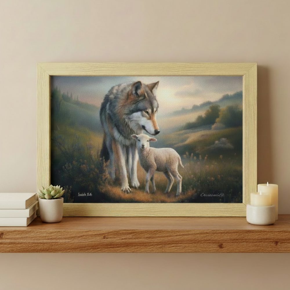Framed - Wolf and Lamb Christian Canvas, Wooden Frame