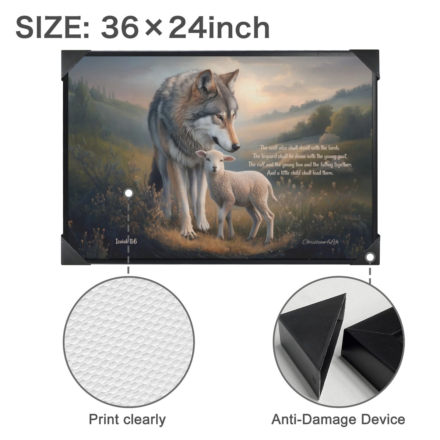 Framed - Wolf and Lamb with Isaiah 11:6 Quote, Christian Canvas, Black Frame