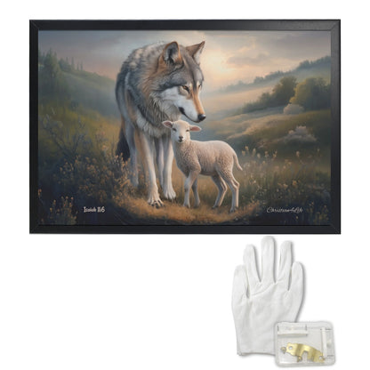 Framed- Wolf and Lamb, Christian Wall Art, Black Framed Canvas Print, Isaiah 11:6