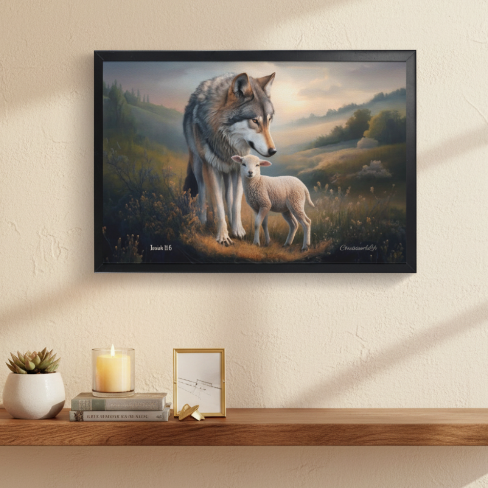 Framed- Wolf and Lamb, Christian Wall Art, Black Framed Canvas Print, Isaiah 11:6