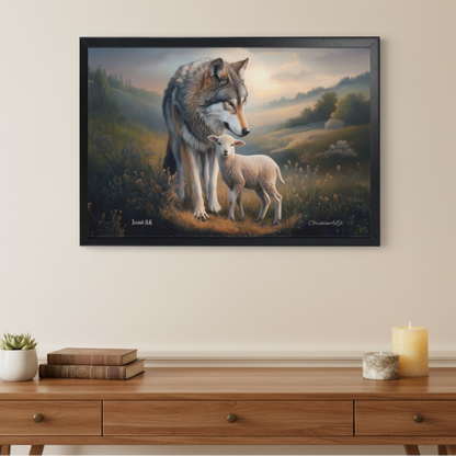 Framed- Wolf and Lamb, Christian Wall Art, Black Framed Canvas Print, Isaiah 11:6