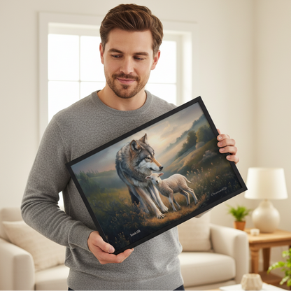 Framed- Wolf and Lamb, Christian Wall Art, Black Framed Canvas Print, Isaiah 11:6