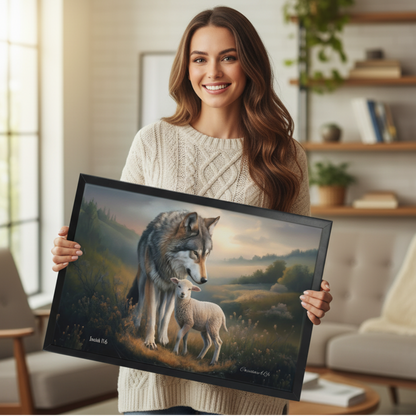 Framed- Wolf and Lamb, Christian Wall Art, Black Framed Canvas Print, Isaiah 11:6