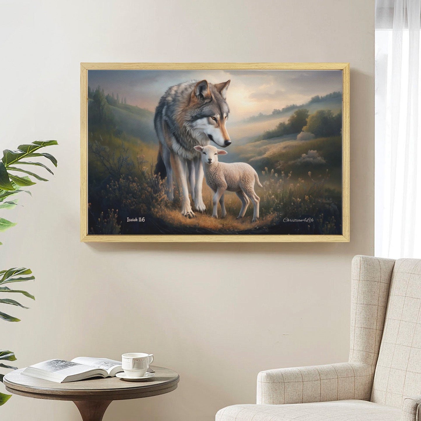 Framed - Wolf and Lamb Christian Canvas, Wooden Frame